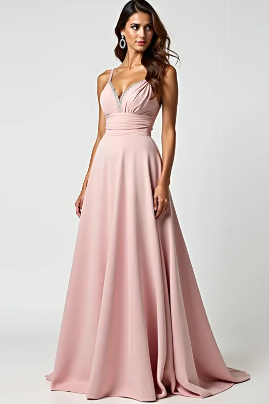 Sparkly Dusty Rose Spaghetti Straps Beaded Long Wedding Guest Dress sold by Zapaka