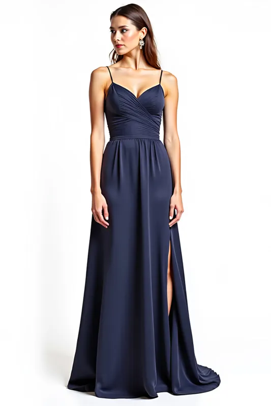 Navy A-Line Spaghetti Straps Ruched Chiffon Long Wedding Guest Dress with Slit sold by Zapaka