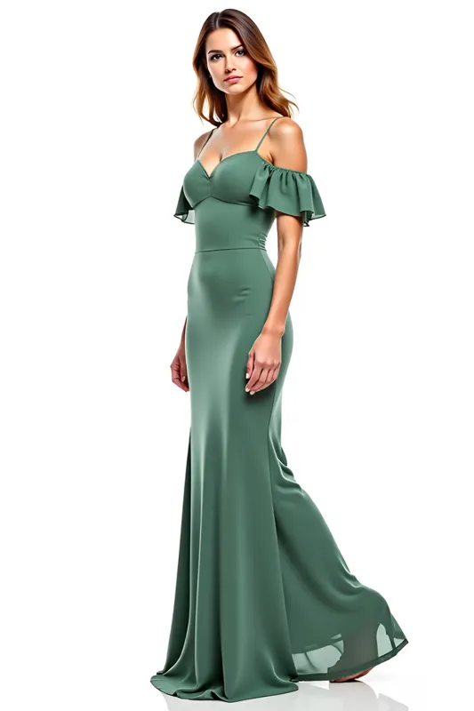 Eucalyptus Mermaid Cold Shoulder Ruffled Chiffon Long Wedding Guest Dress sold by Zapaka