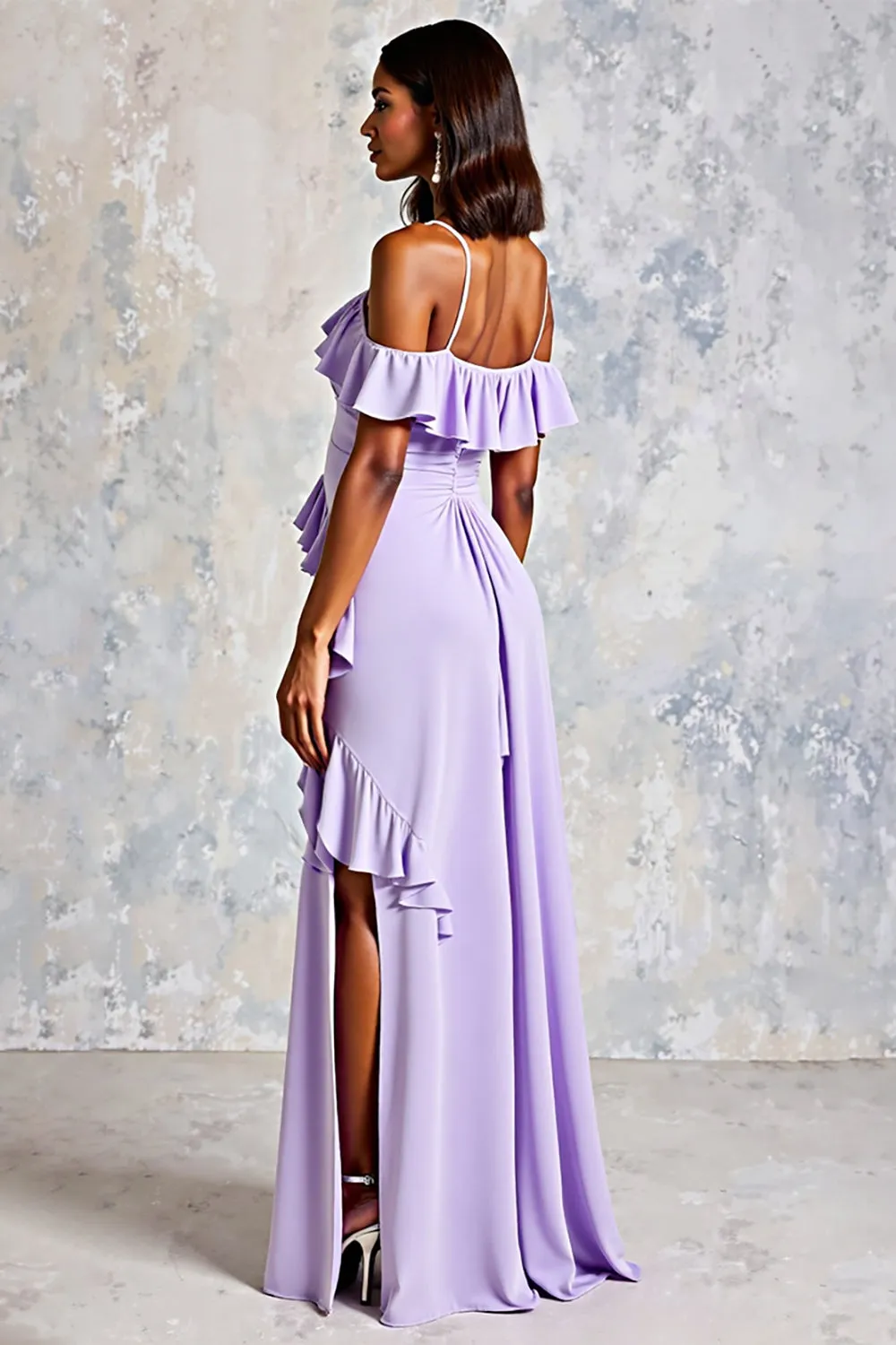 Cold Shoulder Lilac Ruffled Chiffon A-Line Wedding Guest Dress with Slit sold by Zapaka product image thumbnail 2