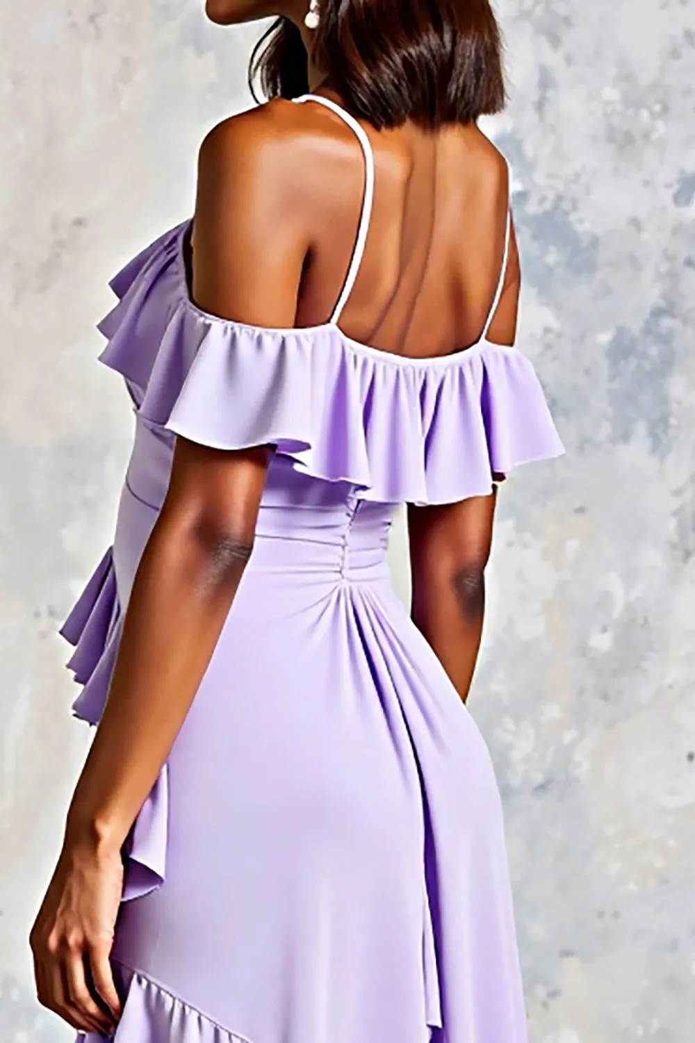 Cold Shoulder Lilac Ruffled Chiffon A-Line Wedding Guest Dress with Slit sold by Zapaka product image thumbnail 4