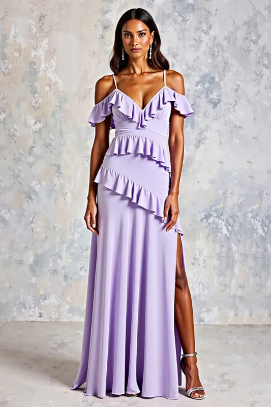 Cold Shoulder Lilac Ruffled Chiffon A-Line Wedding Guest Dress with Slit sold by Zapaka