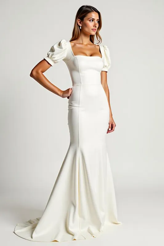 Ivory Mermaid Long Wedding Dress with Short Sleeves sold by Zapaka