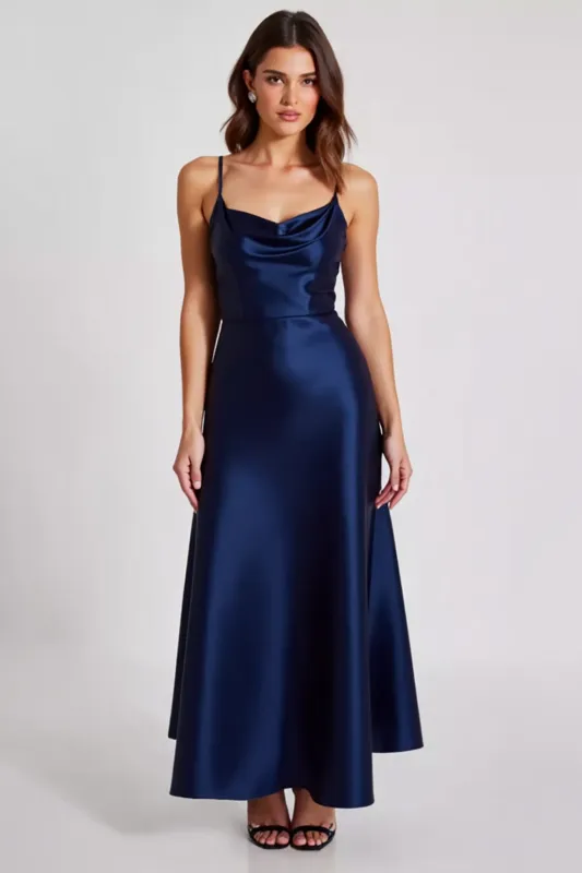 Stretch Satin Navy Spaghetti Straps Sheath Formal Dress sold by Zapaka