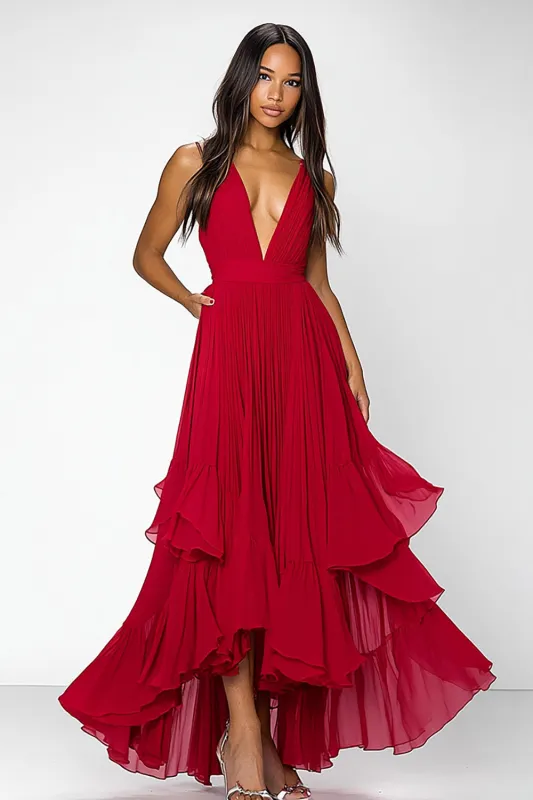 Red Deep V Neck Ruched Ruffles A Line Formal Dress sold by Zapaka