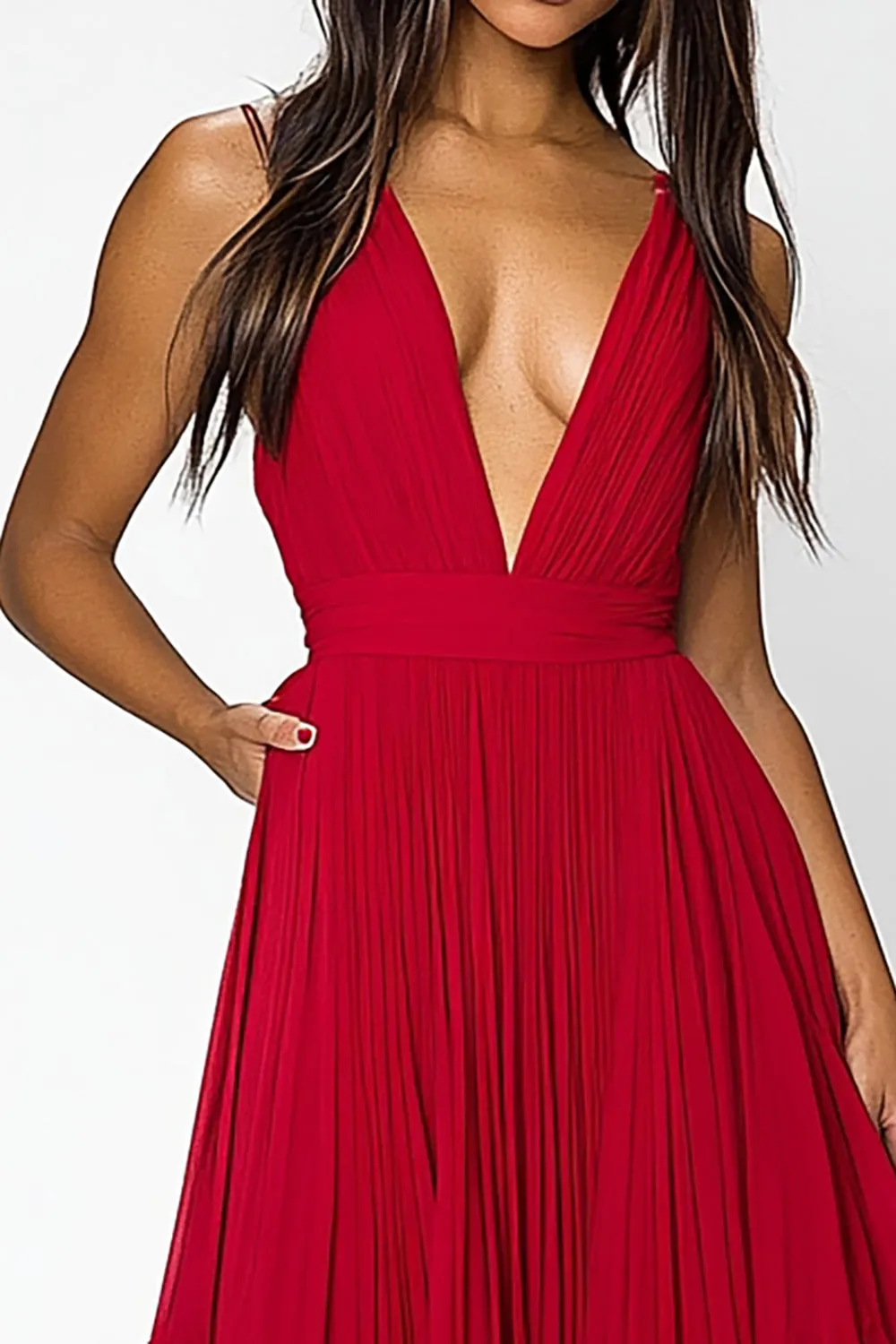 Red Deep V Neck Ruched Ruffles A Line Formal Dress sold by Zapaka product image thumbnail 2