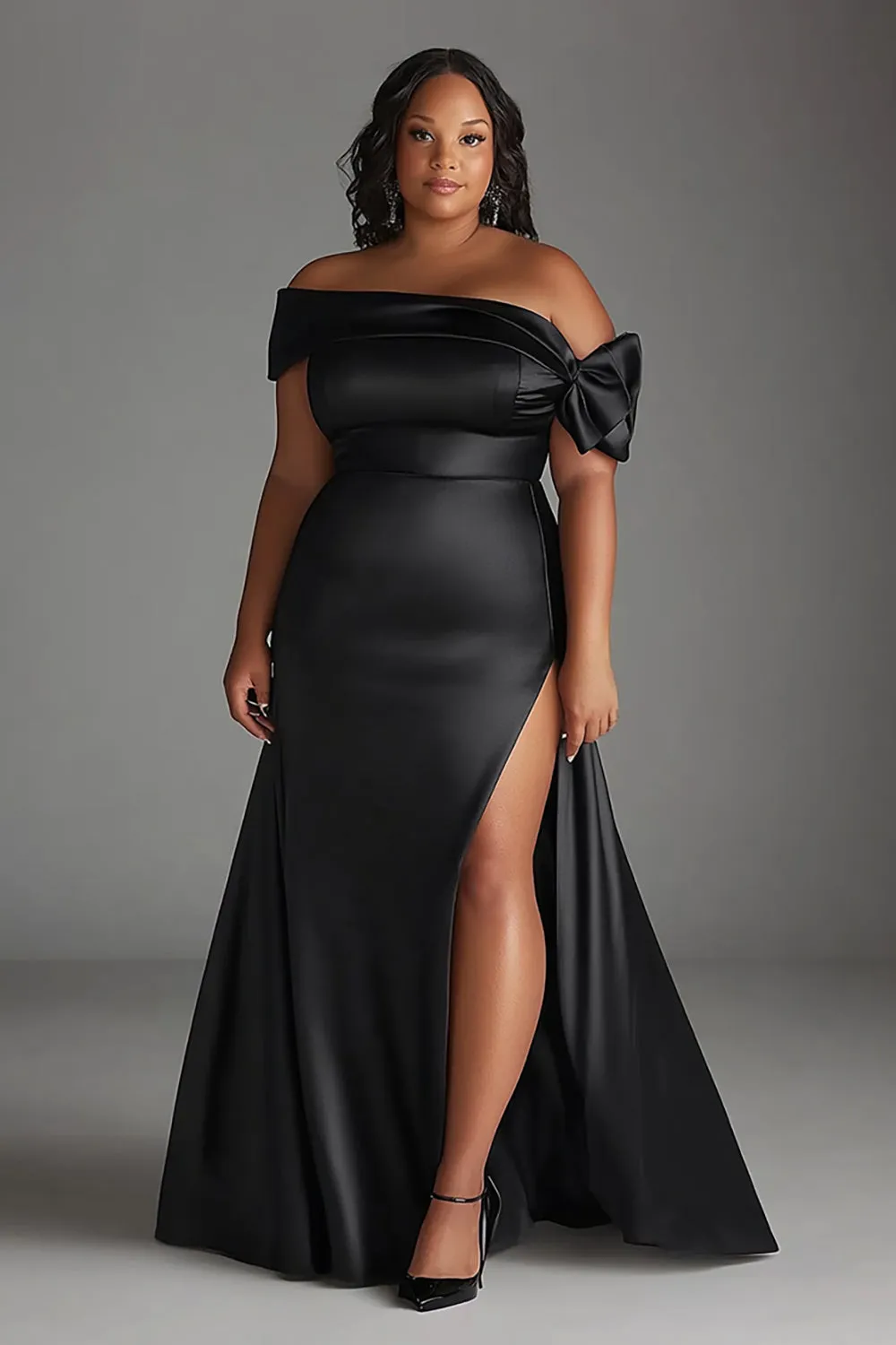Black Plus Size Off The Shoulder Satin Long Formal Dress sold by Zapaka