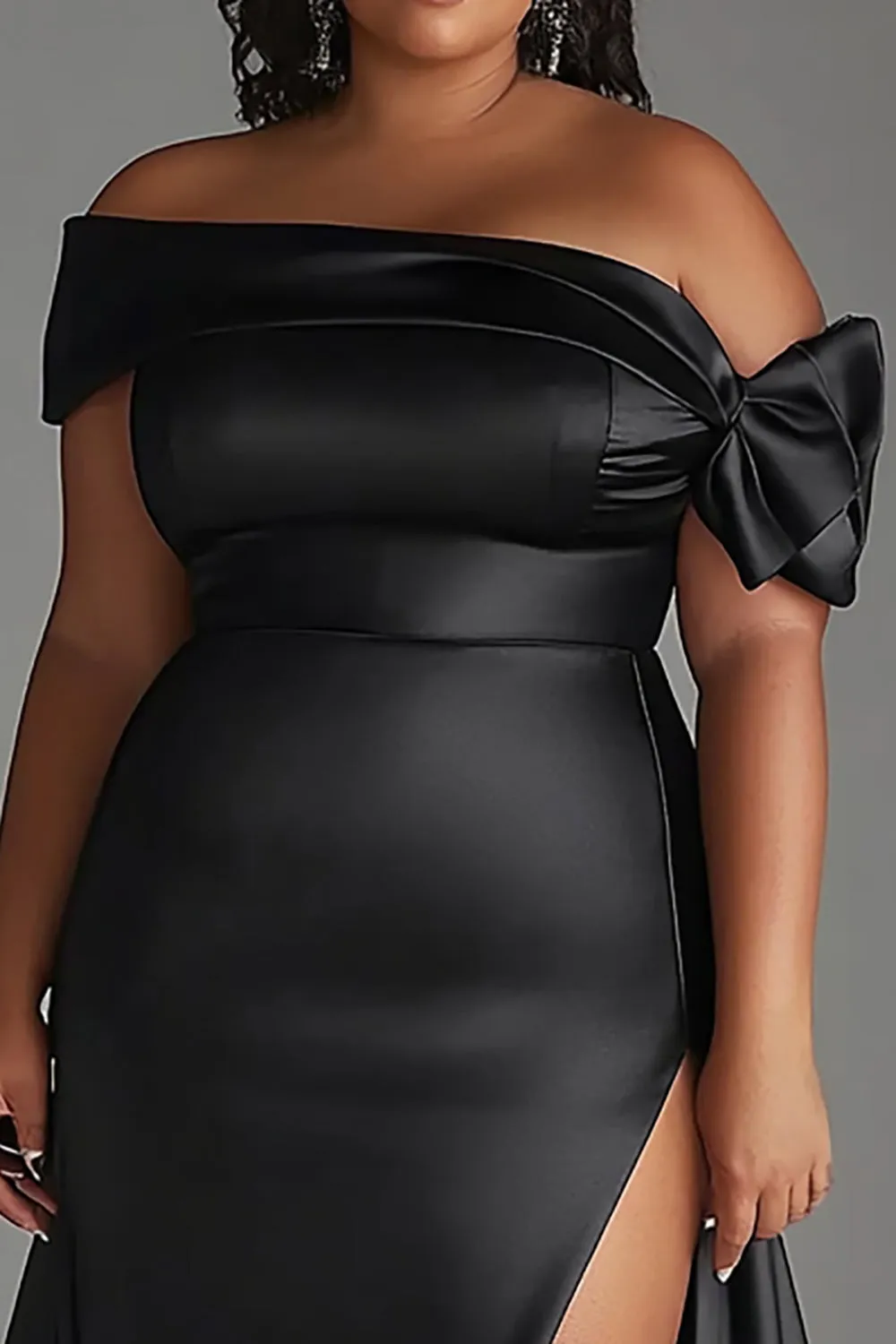 Black Plus Size Off The Shoulder Satin Long Formal Dress sold by Zapaka product image thumbnail 2
