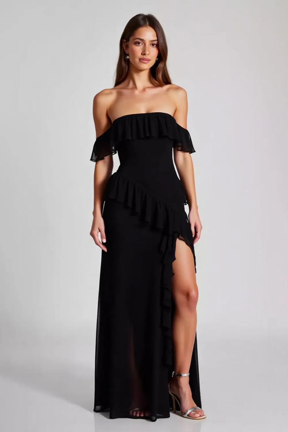 Chiffon Off the Shoulder Black A Line Formal Dress with Slit sold by Zapaka