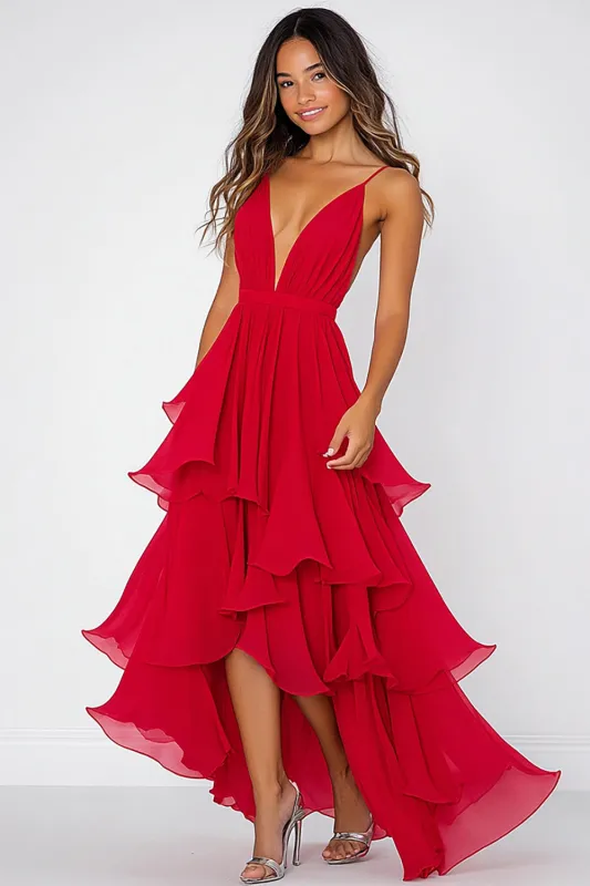 Ruffled Tiered Red Chiffon Spaghetti Straps Formal Dress sold by Zapaka