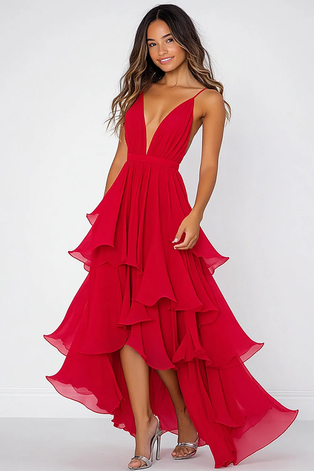 Ruffled Tiered Red Chiffon Spaghetti Straps Formal Dress sold by Zapaka