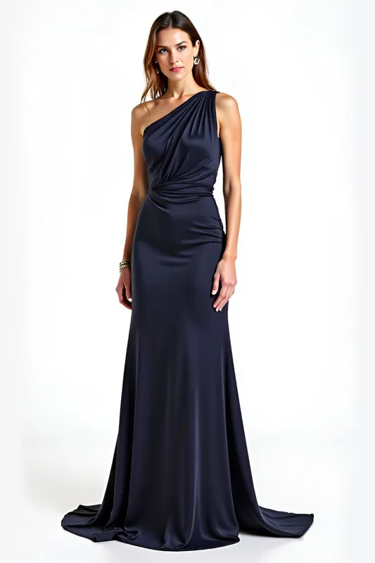 Mermaid Navy One Shoulder Long Satin Formal Dress sold by Zapaka