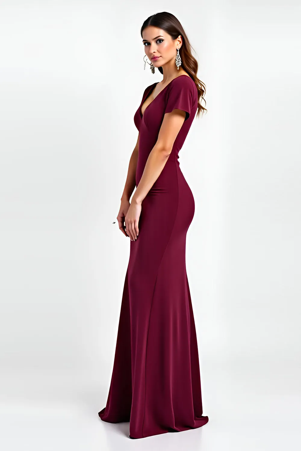 Burgundy Sheath V Neck Short Sleeve Long Formal Dress sold by Zapaka product image thumbnail 3