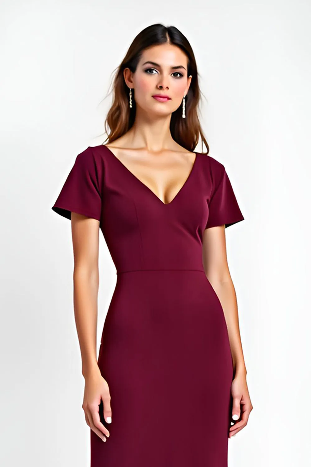 Burgundy Sheath V Neck Short Sleeve Long Formal Dress sold by Zapaka product image thumbnail 4