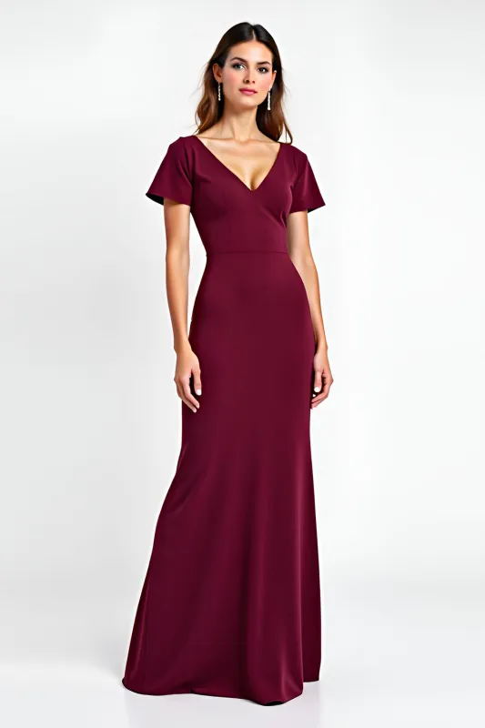 Burgundy Sheath V Neck Short Sleeve Long Formal Dress sold by Zapaka