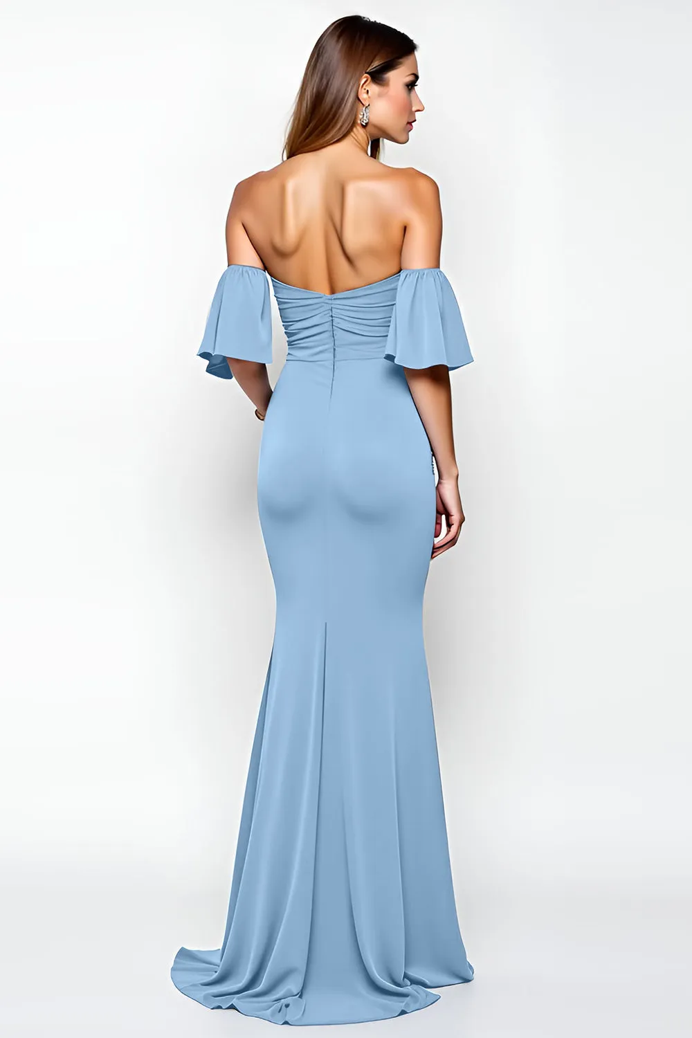 Dusty Blue Mermaid Off The Shoulder Ruched Long Formal Dress sold by Zapaka product image thumbnail 2