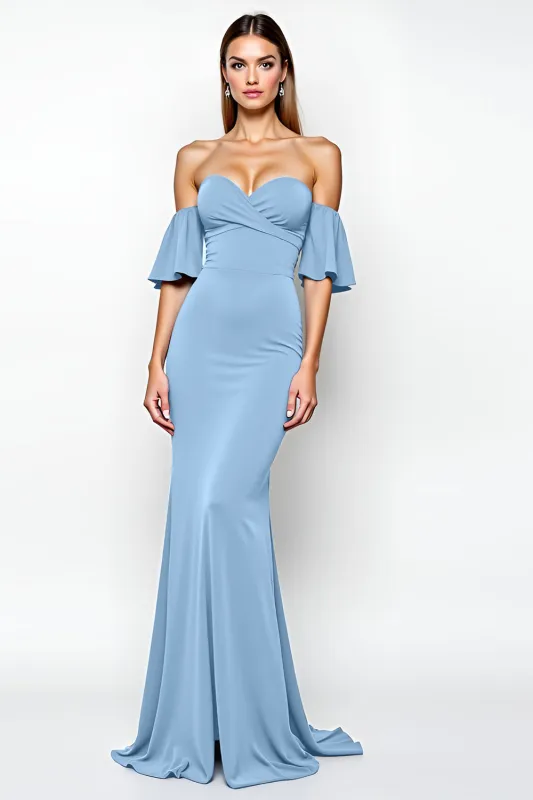 Dusty Blue Mermaid Off The Shoulder Ruched Long Formal Dress sold by Zapaka