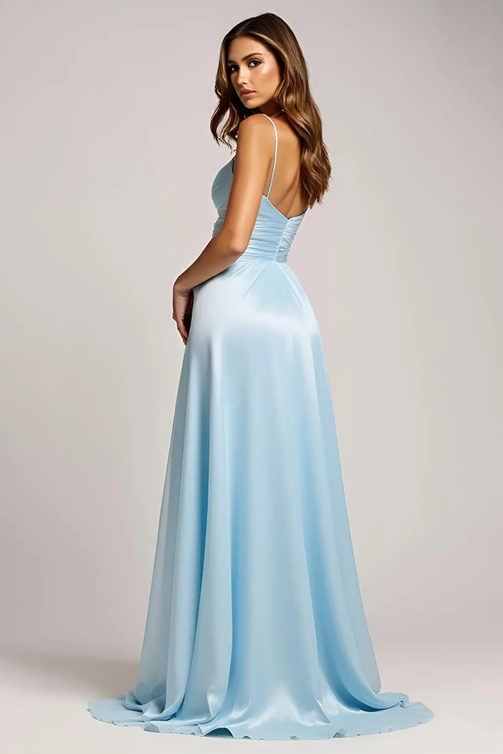 A Line Sky Blue Spaghetti Straps Long Satin Prom Dress With Slit sold by Zapaka product image thumbnail 2
