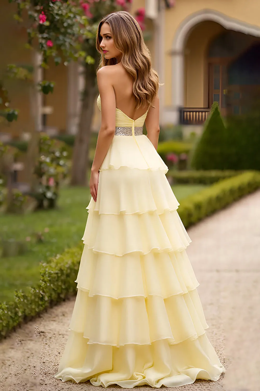 Light Yellow A Line Sweetheart Tiered Long Prom Dress With Beading sold by Zapaka product image thumbnail 2