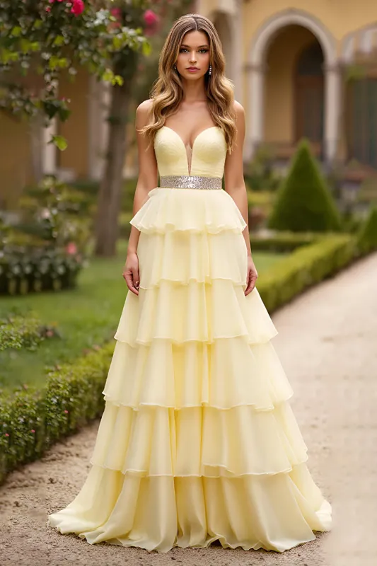 Light Yellow A Line Sweetheart Tiered Long Prom Dress With Beading sold by Zapaka