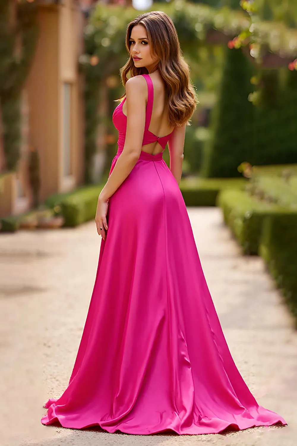 Fuchsia A Line Spaghetti Straps Satin Long Prom Dress With Slit sold by Zapaka product image thumbnail 2