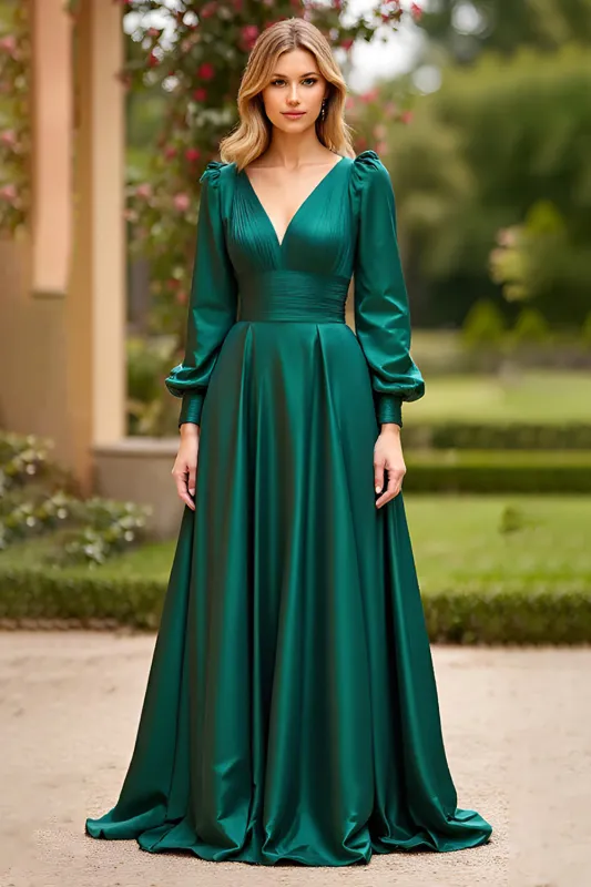 Dark Green A Line V Neck Long Sleeve Satin Long Prom Dress sold by Zapaka