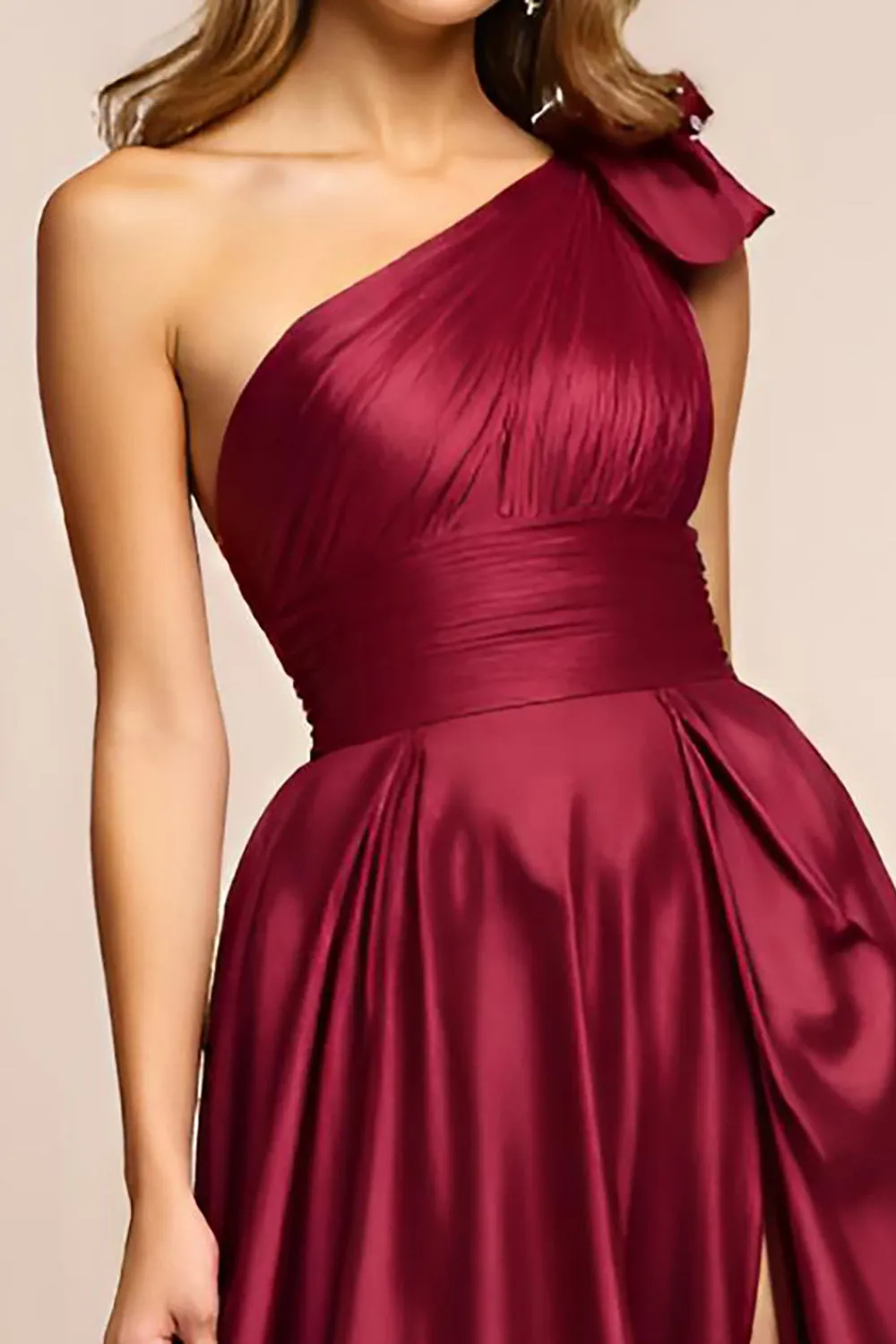 Elegant A Line Burgundy One Shoulder Long Satin Prom Dress With Slit sold by Zapaka product image thumbnail 2