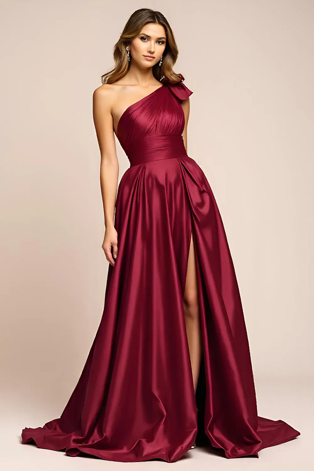 Elegant A Line Burgundy One Shoulder Long Satin Prom Dress With Slit sold by Zapaka