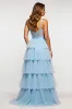 Sparkly Sky Blue Spaghetti Straps Tiered Long Prom Dress With Ruffles sold by Zapaka