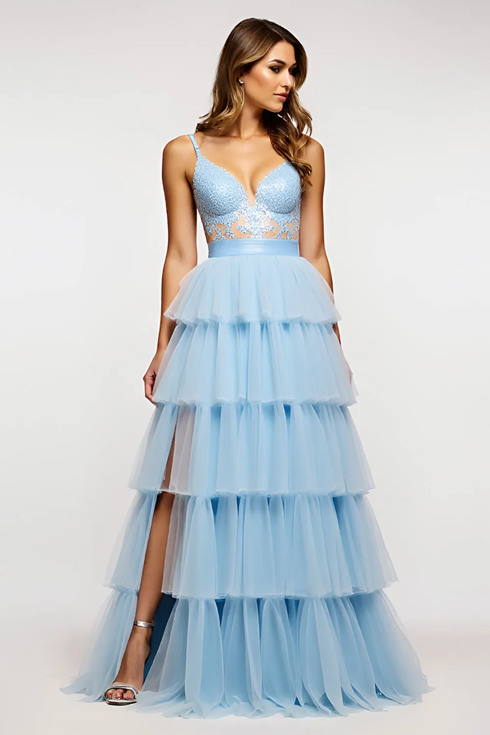 Sparkly Sky Blue Spaghetti Straps Tiered Long Prom Dress With Ruffles sold by Zapaka product image thumbnail 3