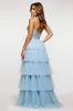 Sparkly Sky Blue Spaghetti Straps Tiered Long Prom Dress With Ruffles sold by Zapaka