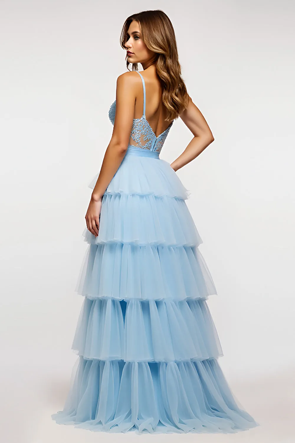 Sparkly Sky Blue Spaghetti Straps Tiered Long Prom Dress With Ruffles sold by Zapaka product image thumbnail 4