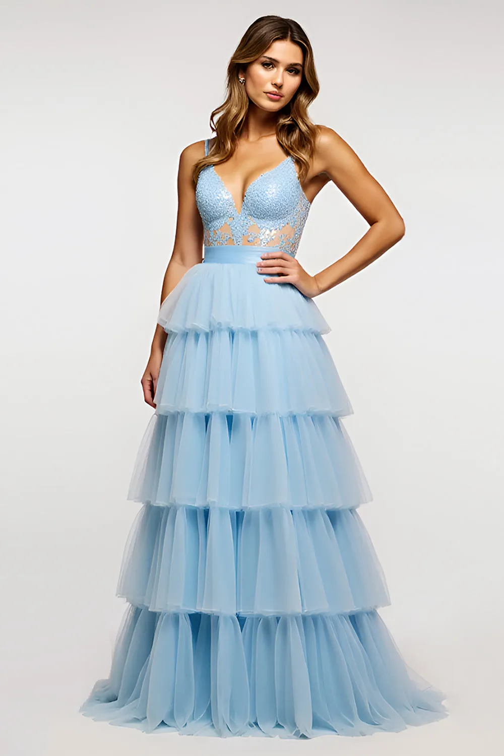 Sparkly Sky Blue Spaghetti Straps Tiered Long Prom Dress With Ruffles sold by Zapaka