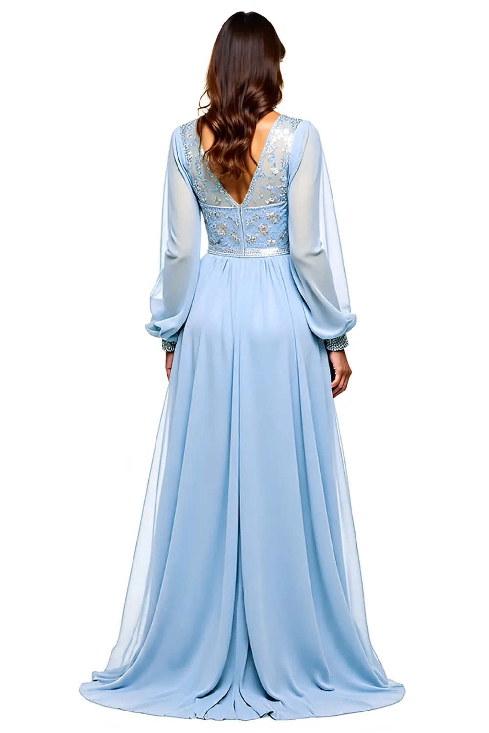Sparkly Sky Blue V Neck Long Sleeve Sequin Long Bridesmaid Dress With Slit sold by Zapaka product image thumbnail 2