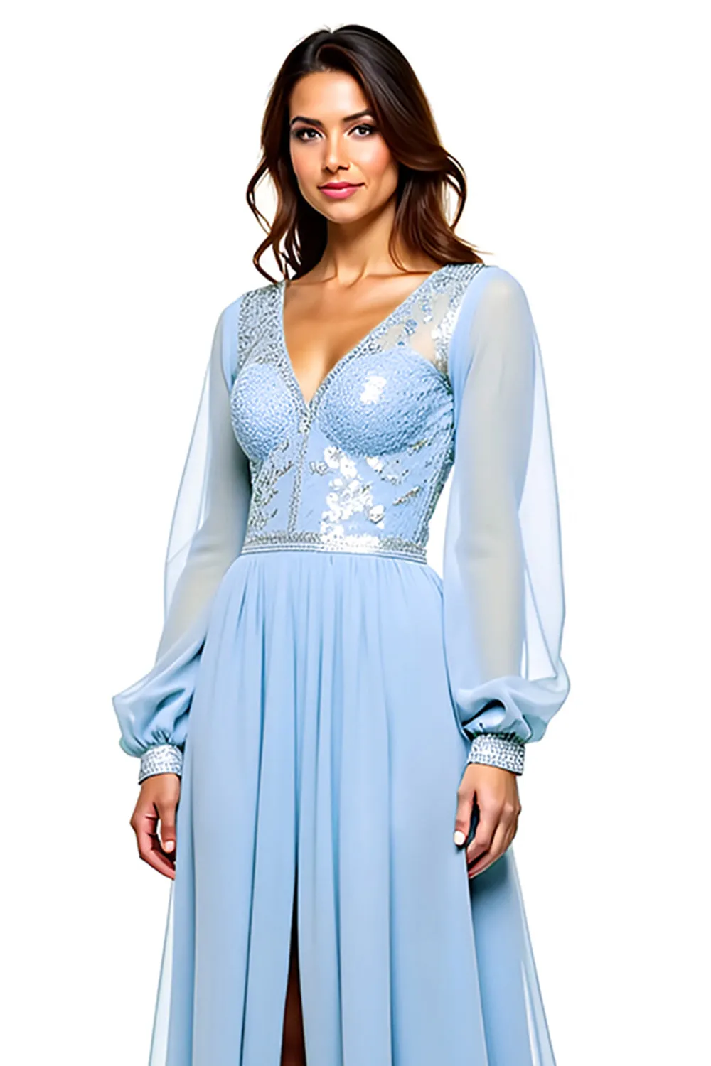 Sparkly Sky Blue V Neck Long Sleeve Sequin Long Bridesmaid Dress With Slit sold by Zapaka product image thumbnail 3