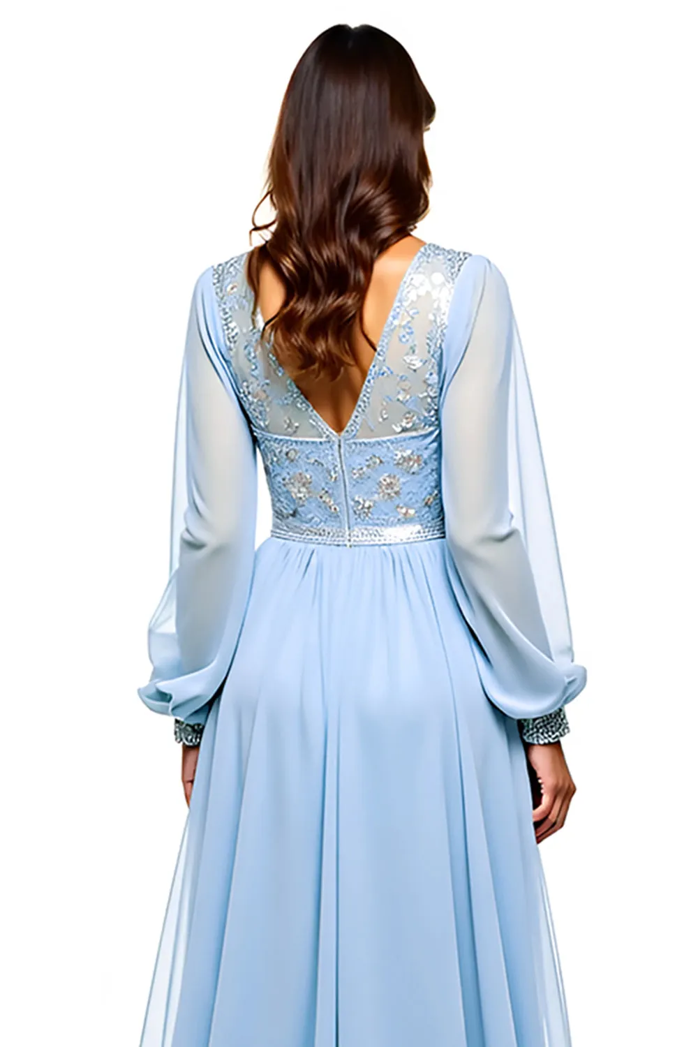 Sparkly Sky Blue V Neck Long Sleeve Sequin Long Bridesmaid Dress With Slit sold by Zapaka product image thumbnail 4