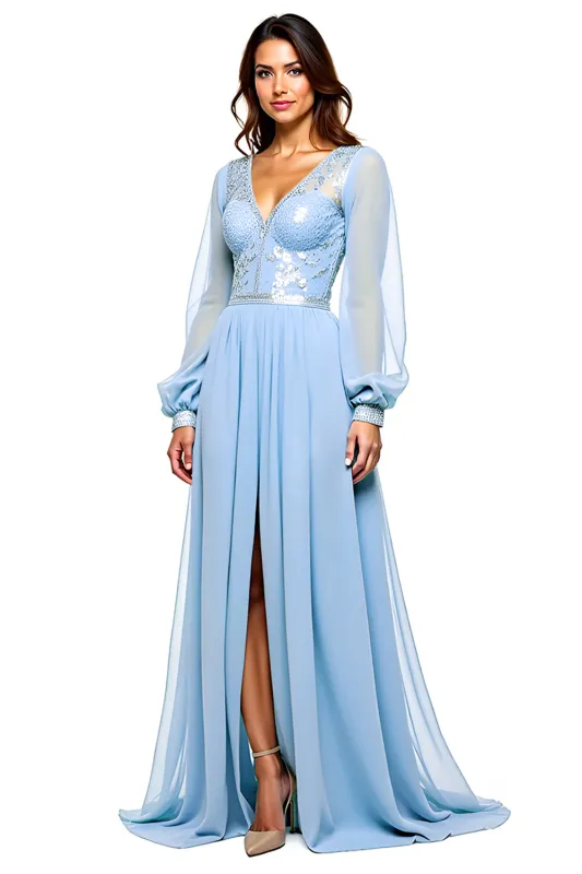 Sparkly Sky Blue V Neck Long Sleeve Sequin Long Bridesmaid Dress With Slit sold by Zapaka