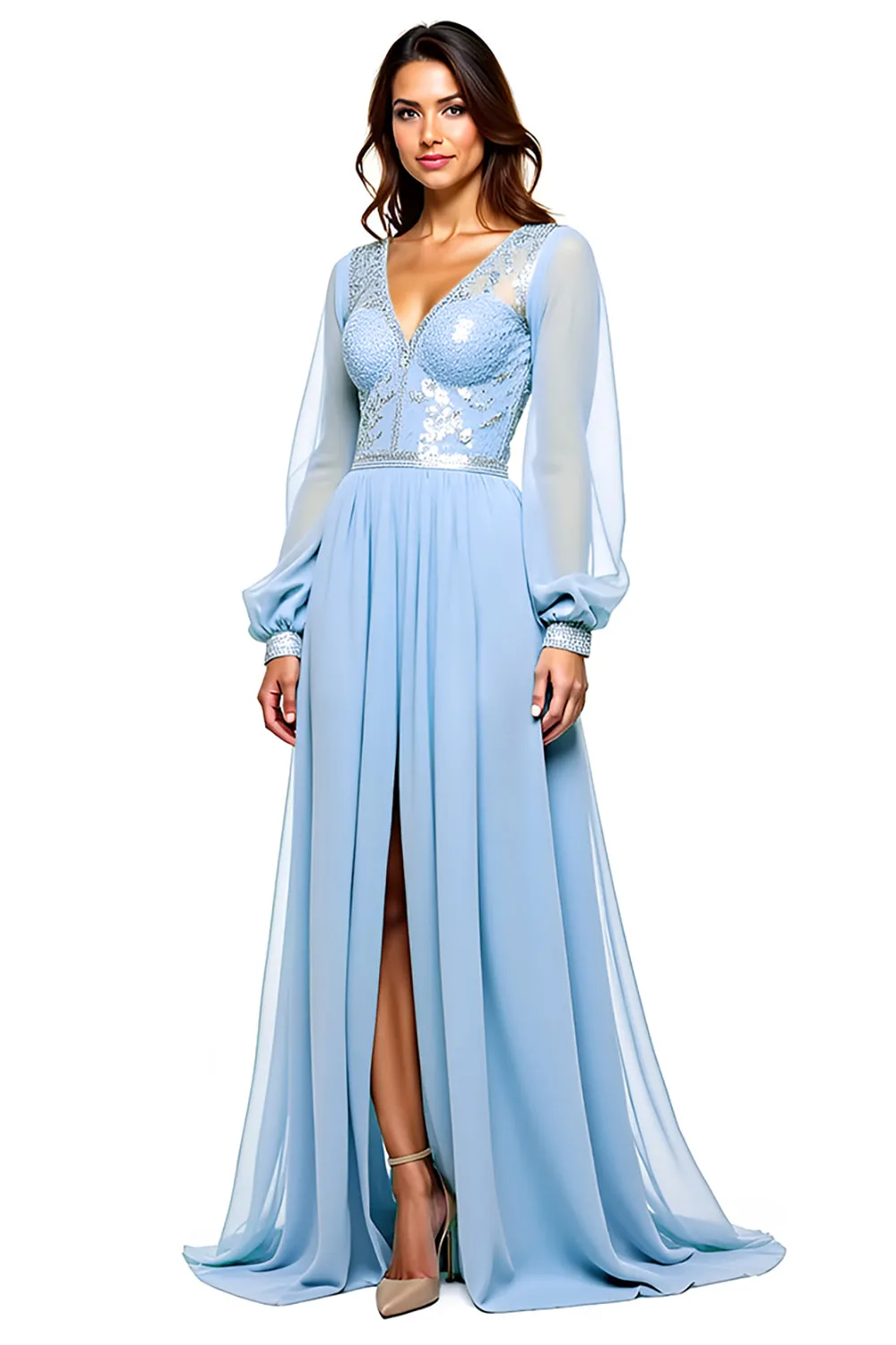 Sparkly Sky Blue V Neck Long Sleeve Sequin Long Bridesmaid Dress With Slit sold by Zapaka