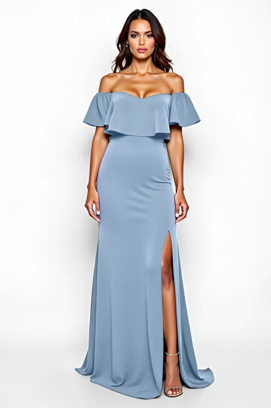 Dusty Blue Sheath Off The Shoulder Long Bridesmaid Dress With Slit sold by Zapaka