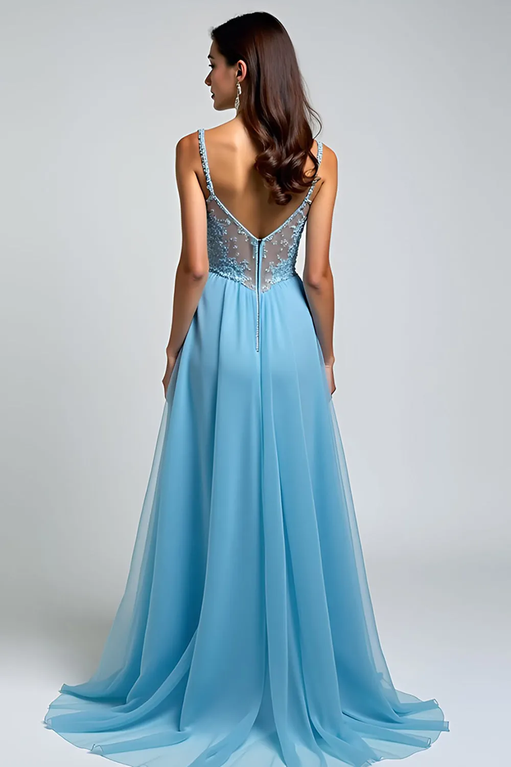 Light Blue A Line Spaghetti Straps Lace Long Wedding Guest Dress With Slit sold by Zapaka product image thumbnail 3
