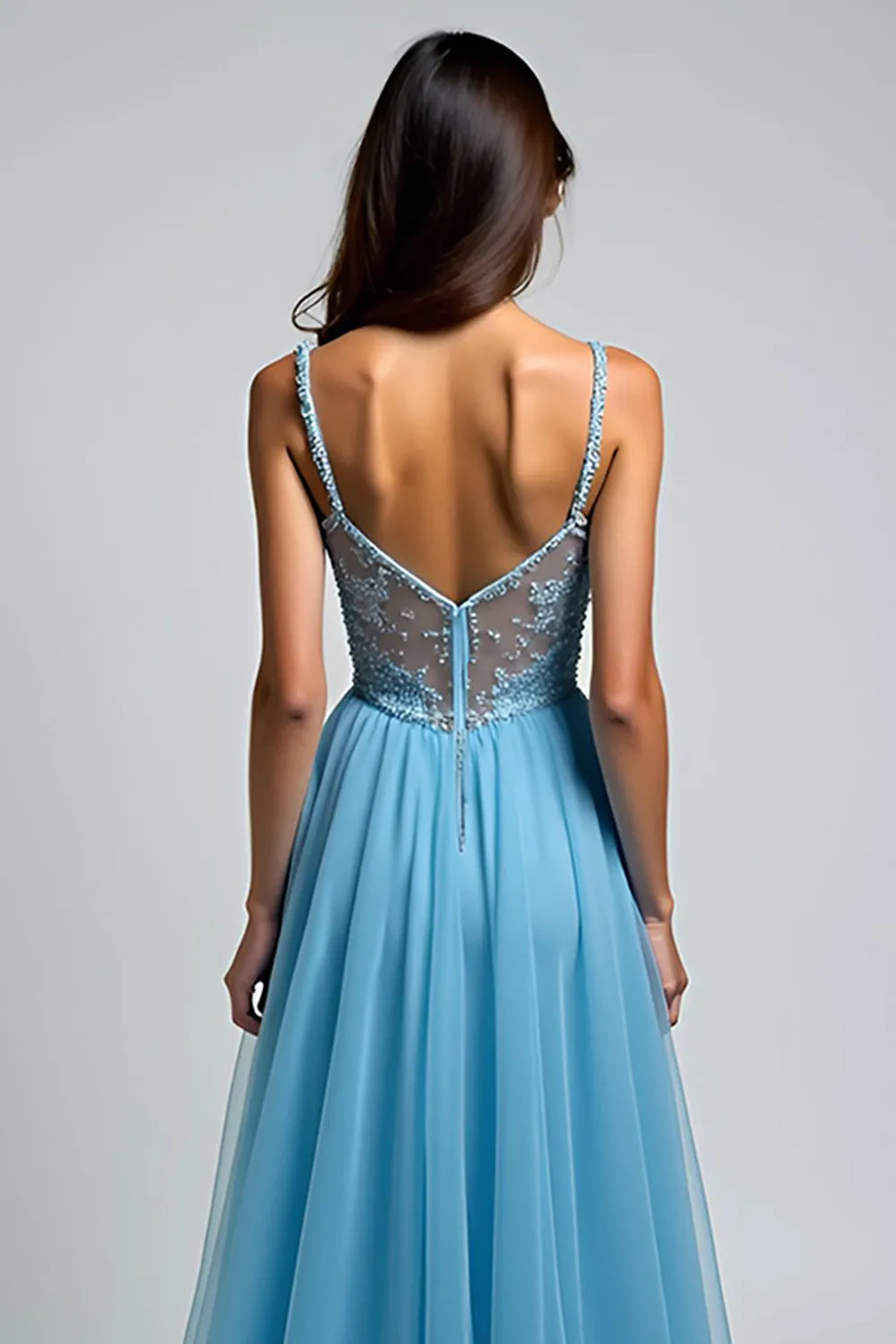 Light Blue A Line Spaghetti Straps Lace Long Wedding Guest Dress With Slit sold by Zapaka product image thumbnail 4