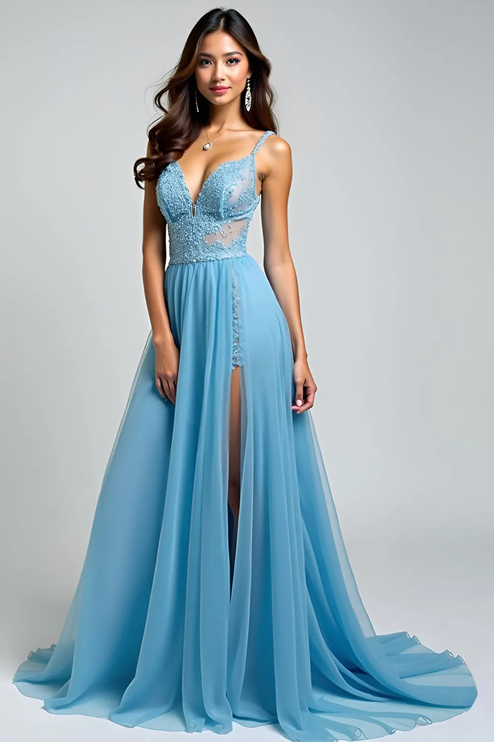 Light Blue A Line Spaghetti Straps Lace Long Wedding Guest Dress With Slit sold by Zapaka