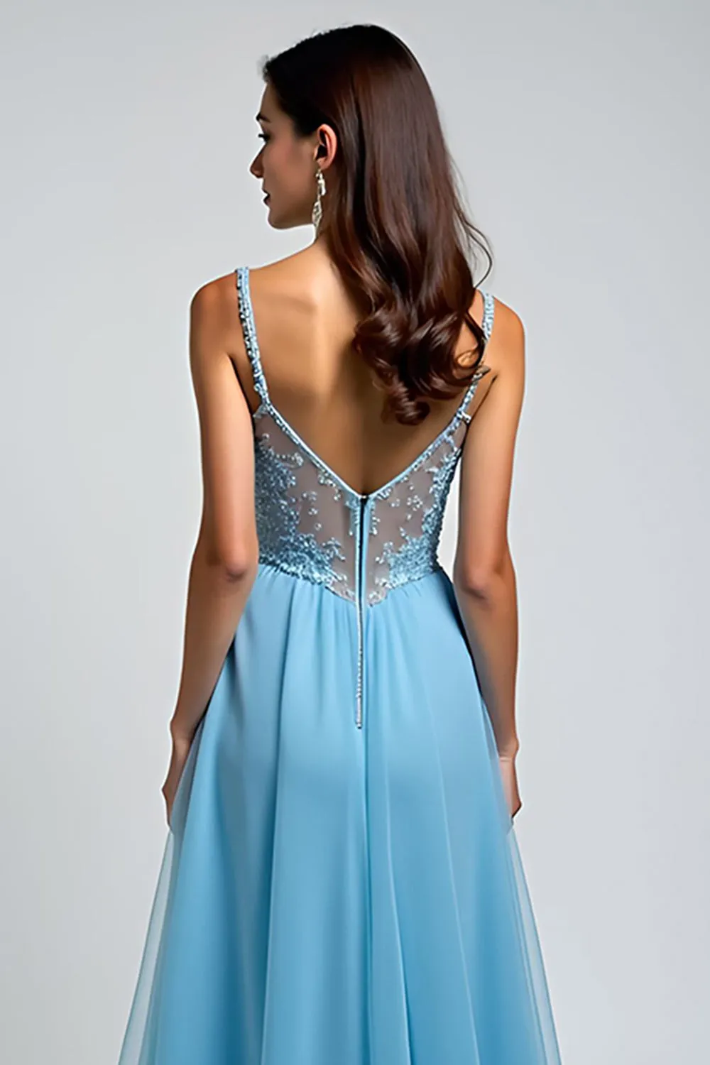 Light Blue A Line Spaghetti Straps Lace Long Wedding Guest Dress With Slit sold by Zapaka product image thumbnail 5