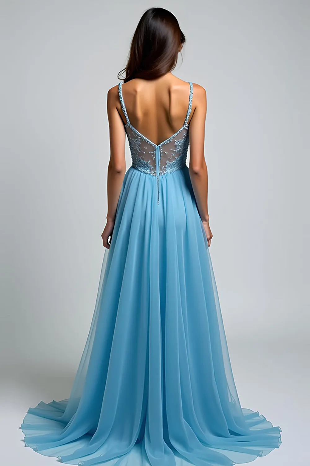 Light Blue A Line Spaghetti Straps Lace Long Wedding Guest Dress With Slit sold by Zapaka product image thumbnail 2