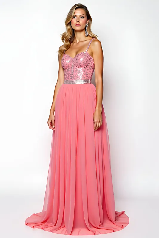 Sparkly Watermelon Spaghetti Straps Corset Long Prom Dress With Sequin sold by Zapaka