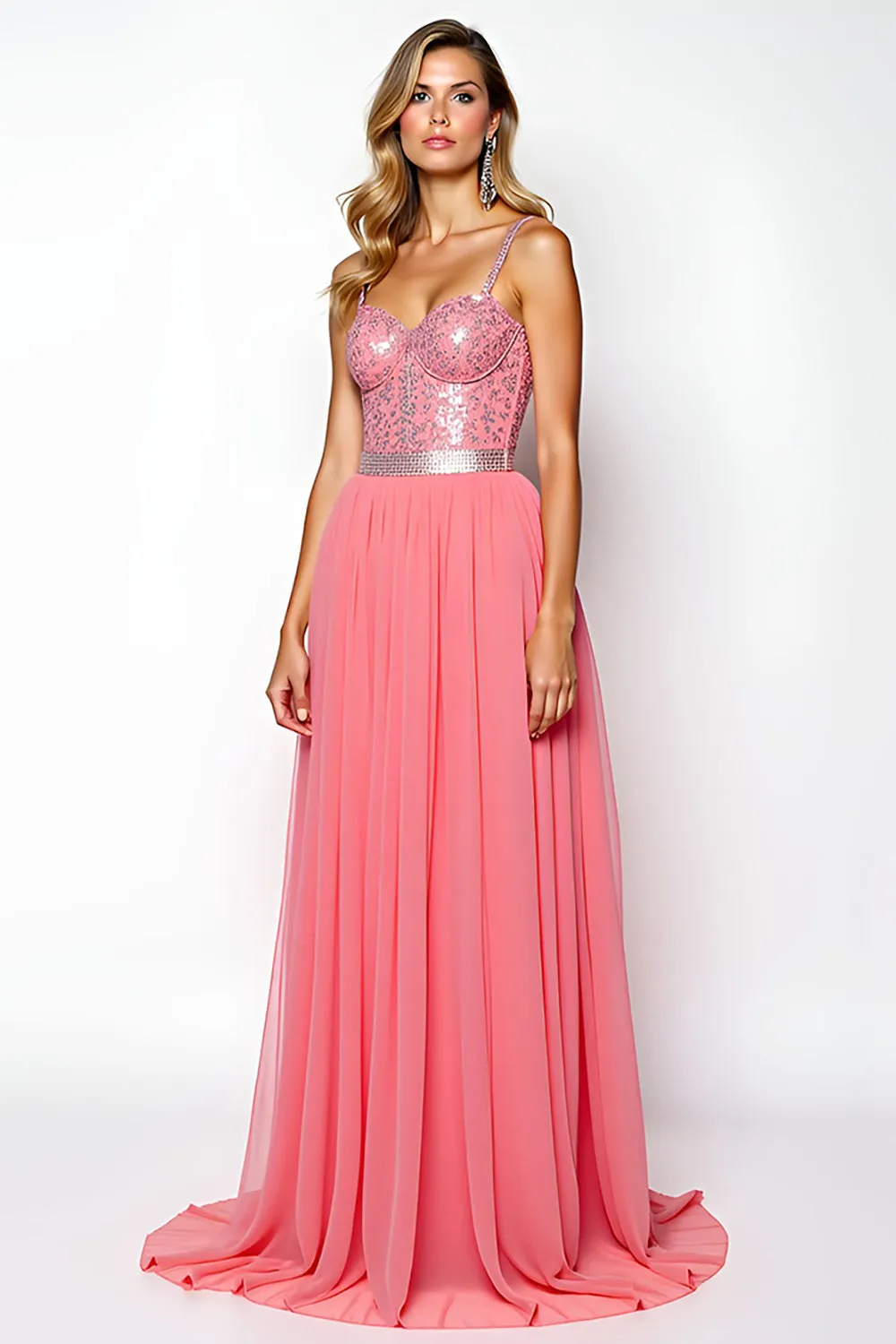 Sparkly Watermelon Spaghetti Straps Corset Long Prom Dress With Sequin sold by Zapaka