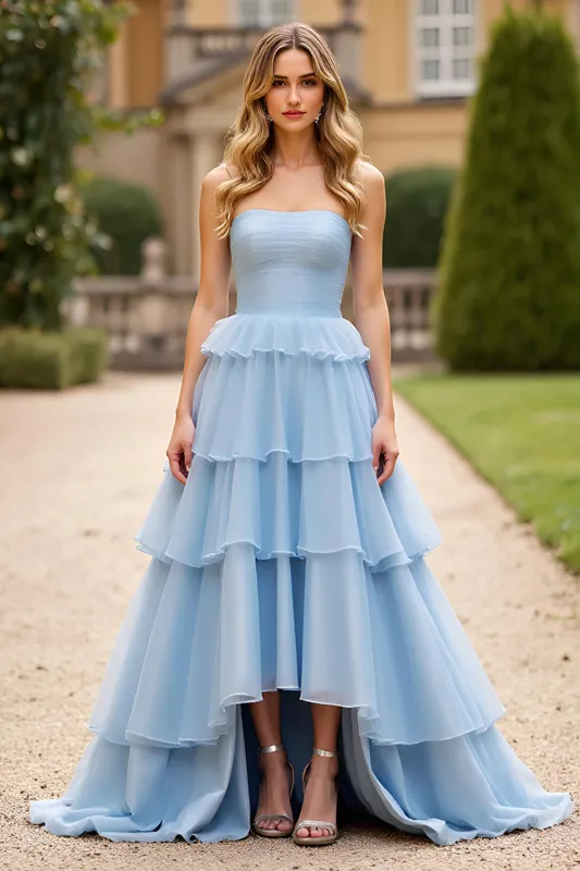 Sky Blue A Line Strapless Tiered Long Tulle Prom Dress sold by Zapaka