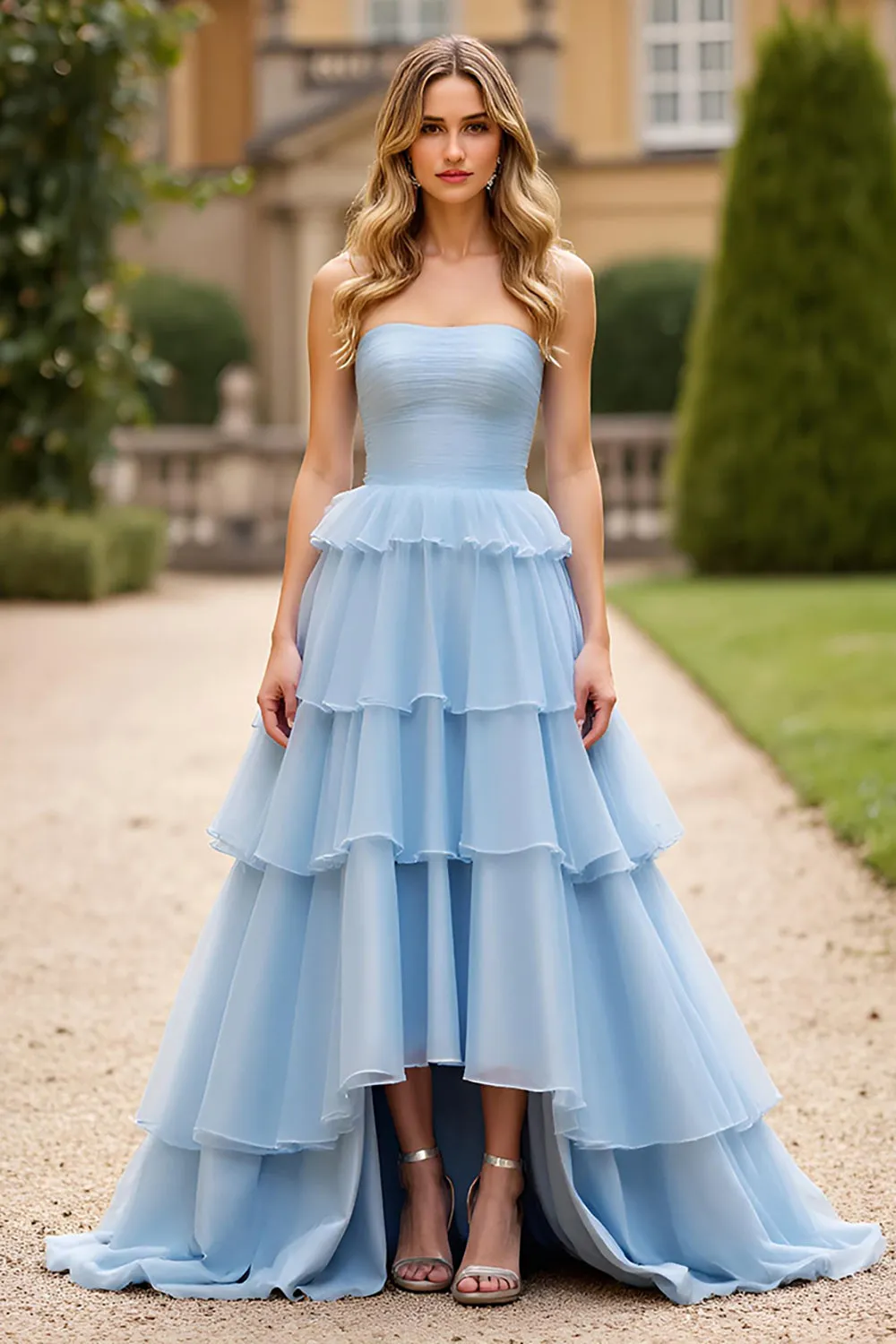 Sky Blue A Line Strapless Tiered Long Tulle Prom Dress sold by Zapaka
