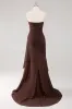 Dark Brown A-Line Sweetheart Ruched Ruffled Long Formal Dress sold by Zapaka