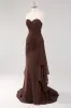 Dark Brown A-Line Sweetheart Ruched Ruffled Long Formal Dress sold by Zapaka